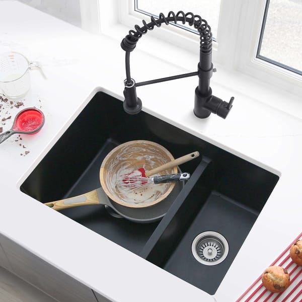 slide 2 of 21, STYLISH 27 inches L x 18 inches W Double Bowl 60/40 Dual Mount Composite Granite Kitchen Sink - 27" x 18" x 9.5" Black