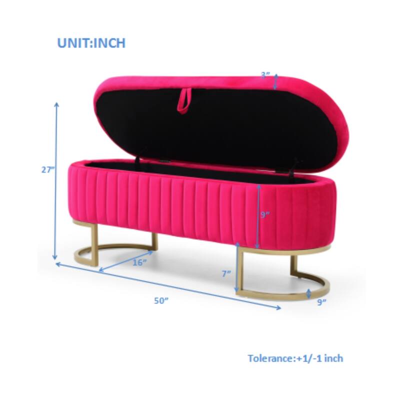 Storage Bench Bedroom Bench, Velvet Oval Upholstered End of Bed Bench with Golden Metal Legs,50"Modern Storage Ottoman Bench