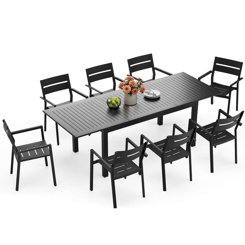 9-Piece Outdoor Aluminum Patio Expandable Dining Table Set with Stackable Chairs - Black with armchairs