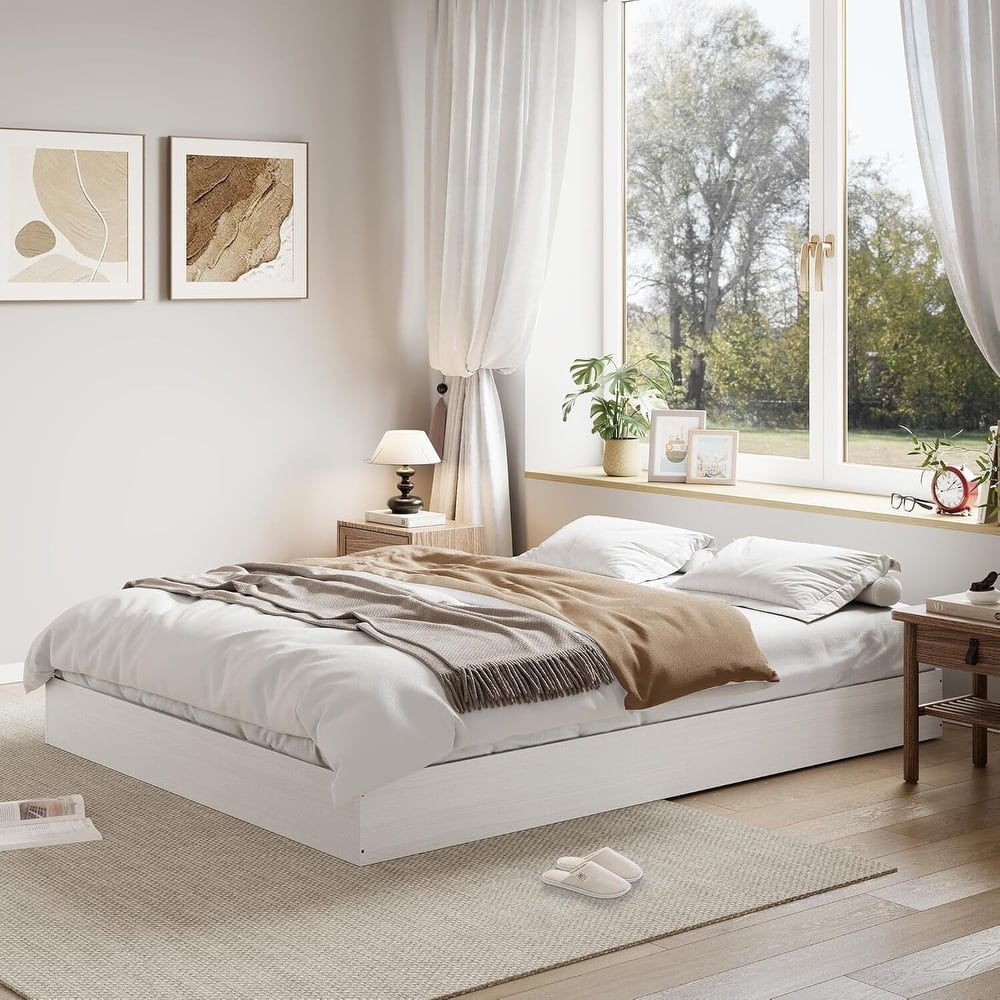Space-Saving Sturdy Floor-Standing Platform Bed Frame, No Box Spring Needed, White