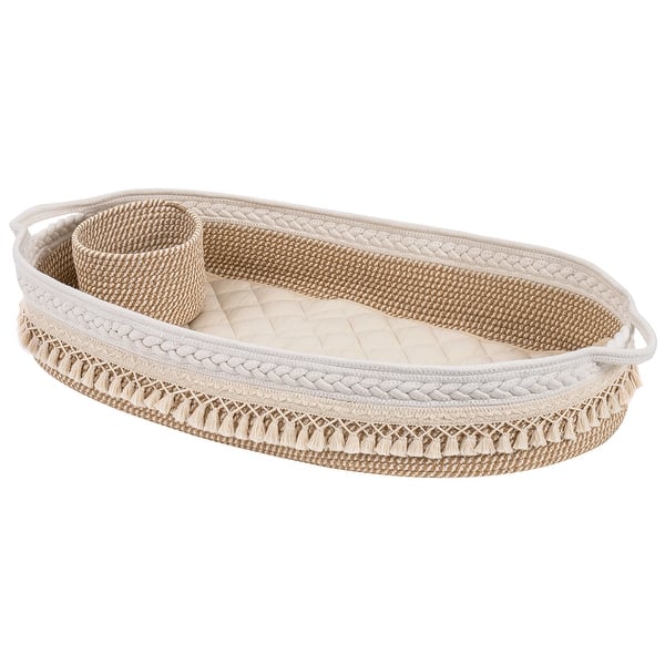 slide 2 of 8, Handmade Woven Baby Changing Basket with Mattress Pad Beige