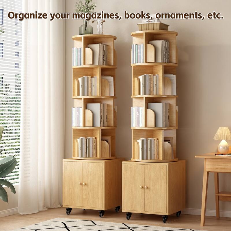 360 Degree Display 5 Tier Corner Bookshelf with Drawer, Floor Standing Bookcase Storage Rack, Wood Narrow Book Shelf Organizer