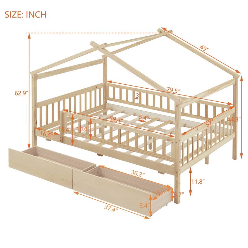 Playhouse Bed with Fence & Roof for Kids, Teens, Boys or Girls, Wooden Storage Bed Frame with Two Drawers, No Box Spring Needed
