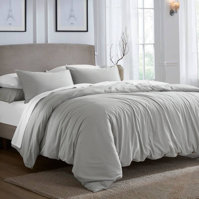 Superior Carmen 100% Cotton Relaxed Wash Duvet Cover Set - Silver - Full - Queen