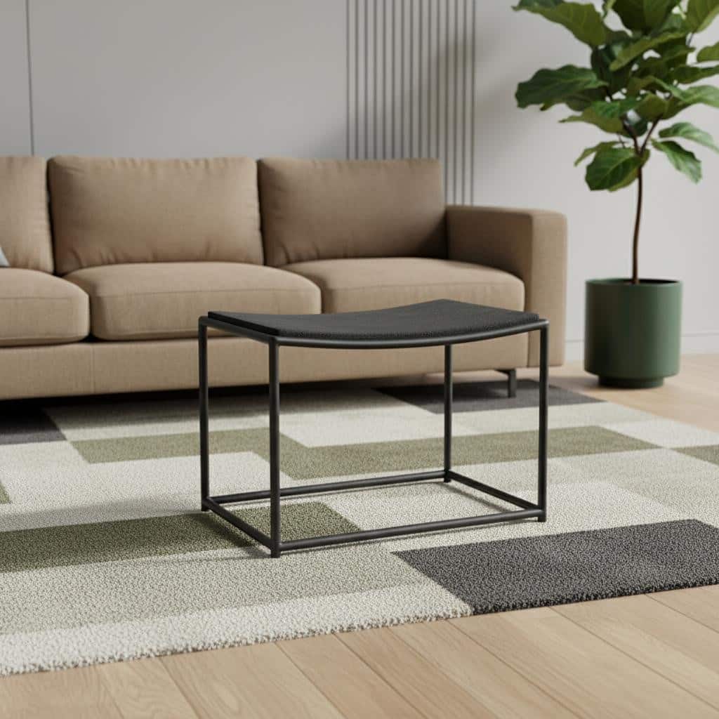 HomeRoots 23" Black Solid Wood and Metal Footstool