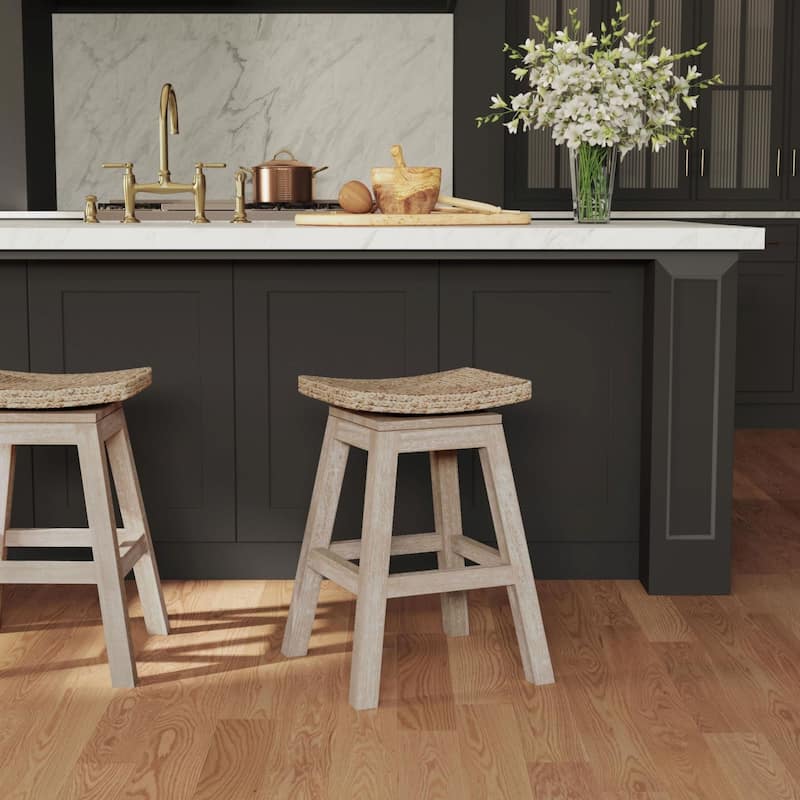 Wood And Natural Water Hyacinth Saddle Stool by East at Main - White Wash - Counter Height