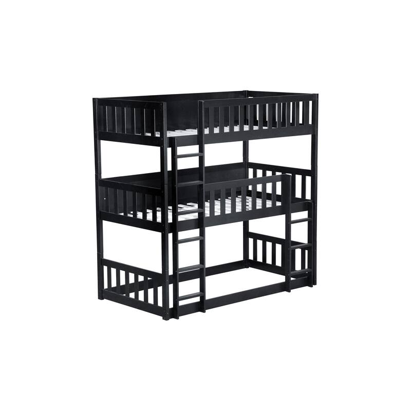 Roomfitters Twin Triple Bunk Bed, Rubber Wood Detachable Design with Ladders and Guardrails, Twin over Twin over Twin
