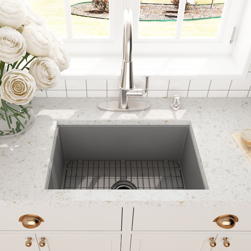 CASAINC Undermount Single Bowl Fireclay Kitchen Sink with Bottom Grid and Strainer, cUPC Certified