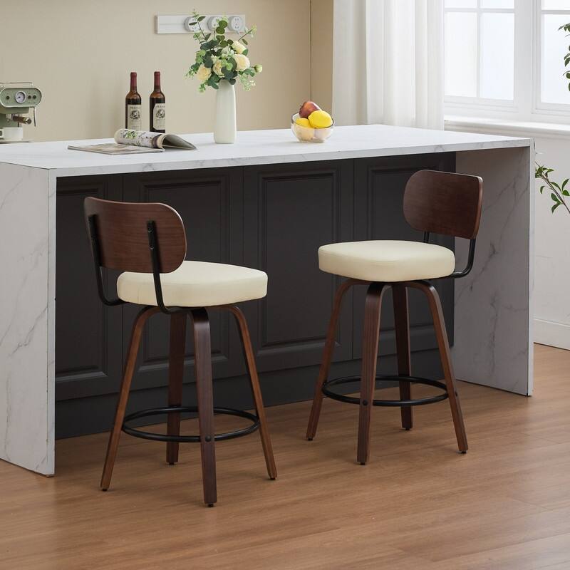 Swivel Bar Stools Set of 2, 26" Modern Faux Leather Counter Stools with Walnut Finish & 360 Degree Spin