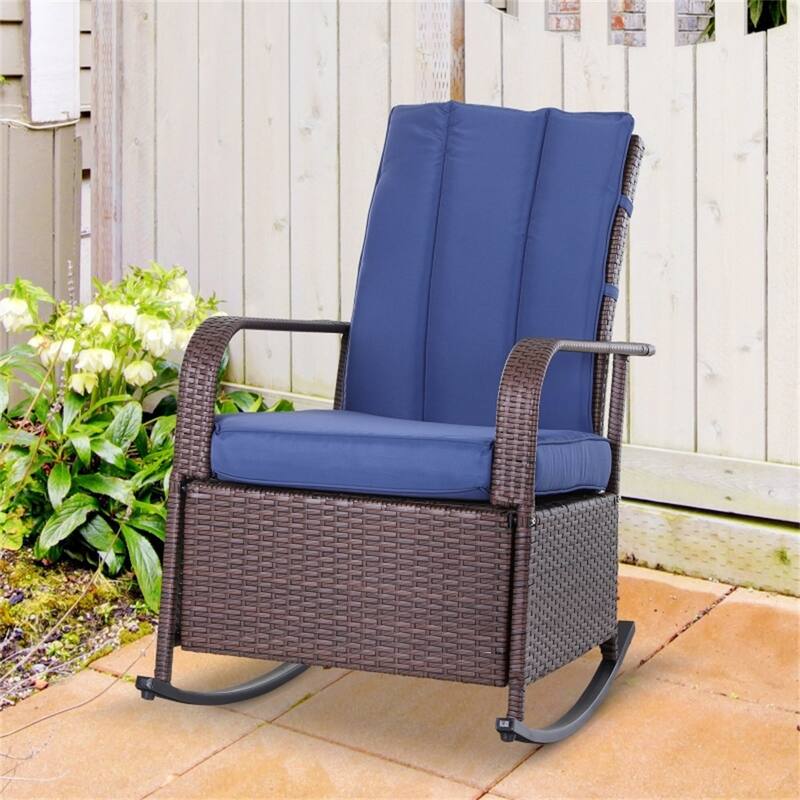 Reclining Outdoor Rocking Chair with Removable Cushion Covers and Adjustable Footrest for Comfortable Seating - Brown-Blue