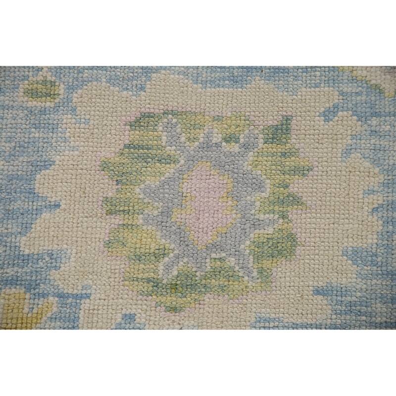 Vegetable Dye Oushak Turkish Runner Rug Hand-knotted Blue Wool Carpet - 3'3"x 12'10"