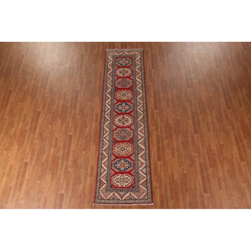 Geometric Red Kazak Runner Rug Handmade Oriental Wool Carpet - 2'9" x 10'8"