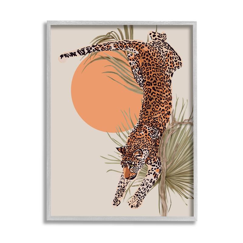 Stupell Jungle Cat Leopard Pounce Orange Sun Palm Leaf Framed Wall Art - 24 x 30 - Grey