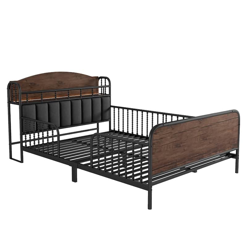 Kids Platform Bed Metal Frame with Linen Fabric Upholstered Storage Headboard Built-in Light Strip, Both Sides Rails
