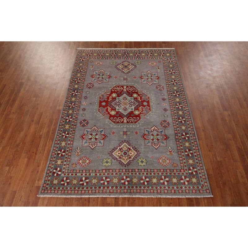Traditional Kazak Oriental Area Rug Handmade Grey Wool Carpet - 5'7" x 7'11"
