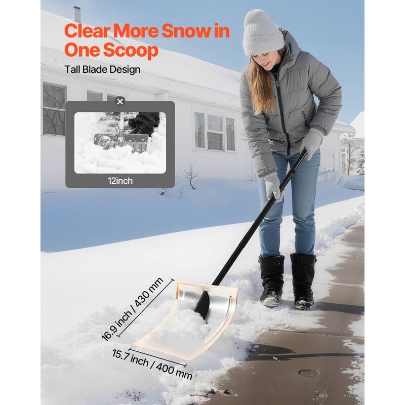 Large Snow Shovel 16 Inch Aluminum Blade with Straight Steel Handle for Outdoor Snow Removal - 66 x 16 in