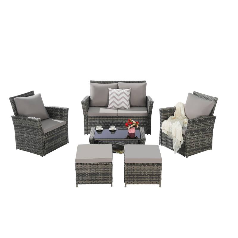 6-Piece Outdoor Wicker Conversation Set with Ottomans and Glass Coffee Table, Cushioned Seating