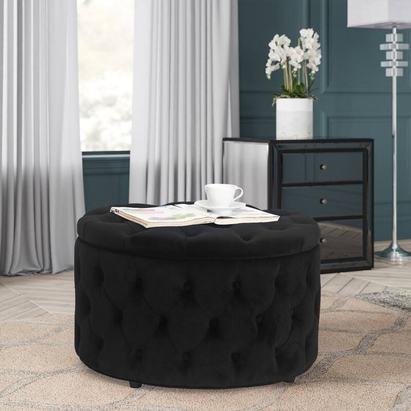 Adeco Round Velvet Storage Ottoman Button Tufted Footrest Coffee Table