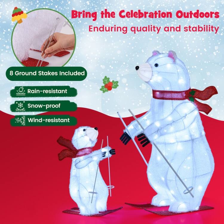White-Red Metal Fabric Animated Skiing Polar Bears Christmas Decoration Set with 160 LEDs - 23" x 16.5" x 37"