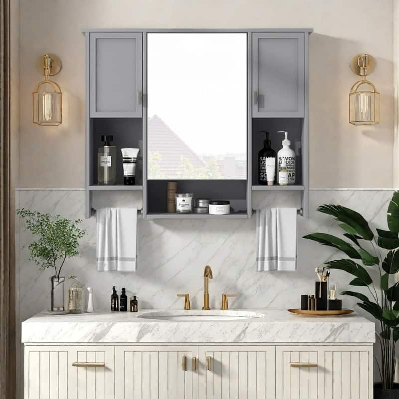 Wall Mounted Bathroom Mirror Cabinet with Adjustable Shelves, Open Storage, Towel Bar, 3-Door Medicine Cabinet Organizer