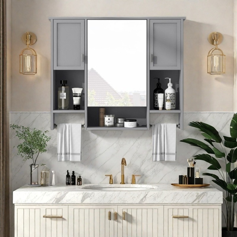 Wall Mounted Bathroom Mirror Cabinet with Adjustable Shelves, Open Storage, Towel Bar, 3-Door Medicine Cabinet Organizer