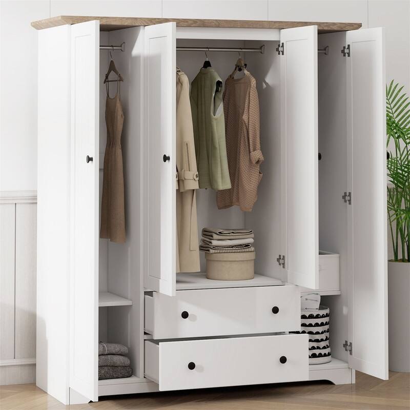 4-Door Armoire Closet with 2 Storage Drawers and Hanging Rods, Wooden Bedroom Wardrobe Clothes Organizer with Storage Shelves - White