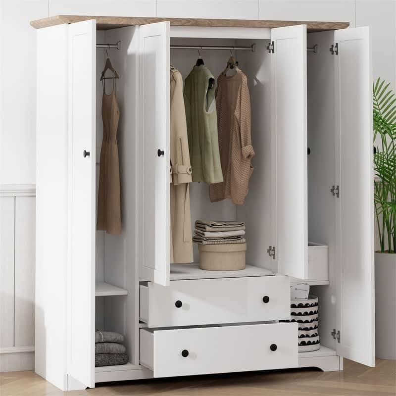 4-Door Armoire Closet with 2 Storage Drawers and Hanging Rods, Wooden Bedroom Wardrobe Clothes Organizer with Storage Shelves