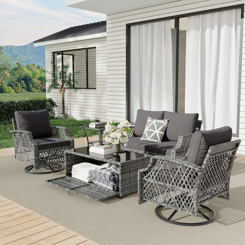 Outdoor Wicker Patio Set w Swivel Chairs & Sofa, Ottomans and Tables, Modular 3/5/6/7-Piece, All-Weather Conversation Set.