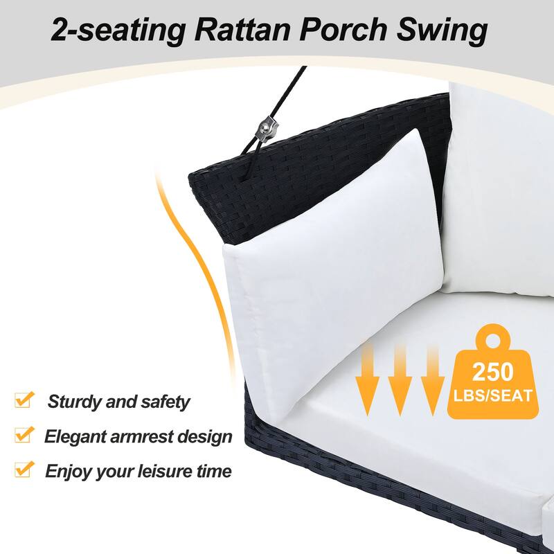 Wicker Hanging Swing Chair for 2 with Includes Cushion and Pillows,Adjustable Ropes-500lb Capacity
