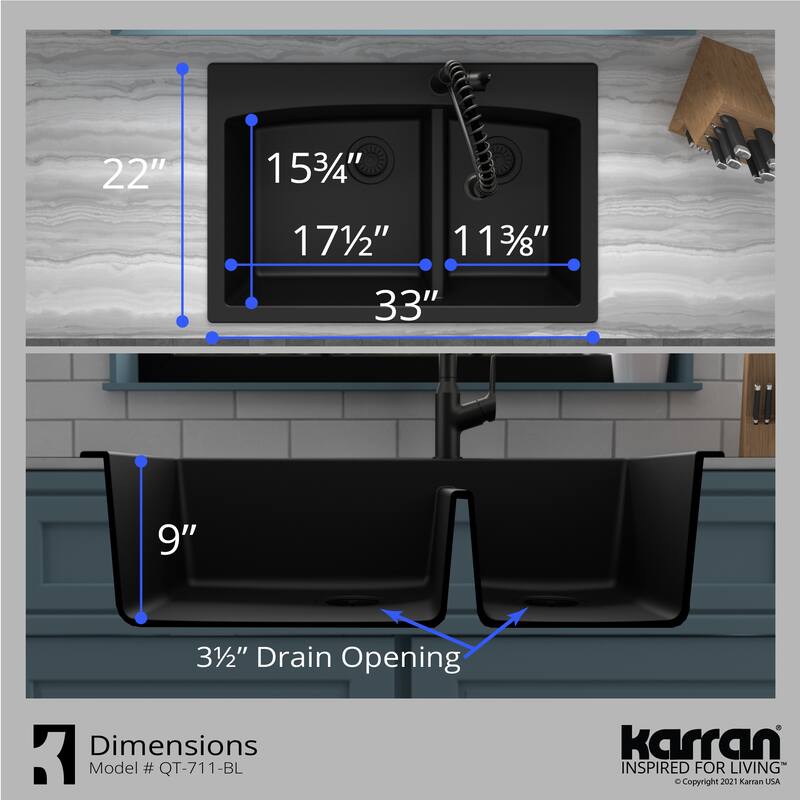 Karran Drop-In Quartz 33 in. 1-Hole 60/40 Double Bowl Kitchen Sink Kit