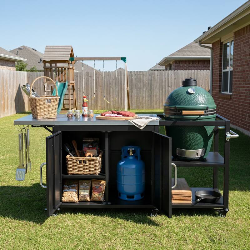 76.6" Outdoor Large Grill Cart with Storage Cabinet, Adjustable Shelf & Hooks & Bottle Opener