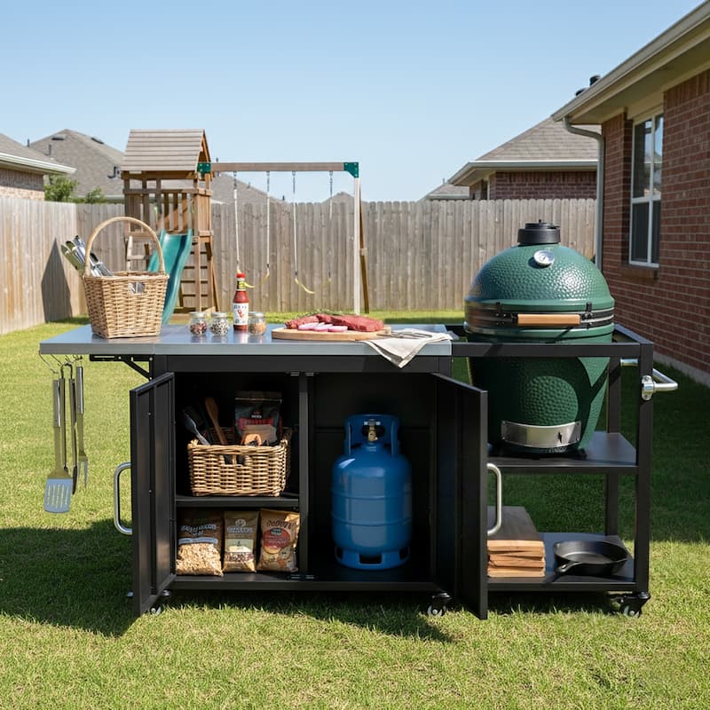 76.6"Large Grill Cart with Storage Cabinet, with Steel Drop Leaf, Grill Table with Adjustable Shelf & Hooks & Bottle Opener