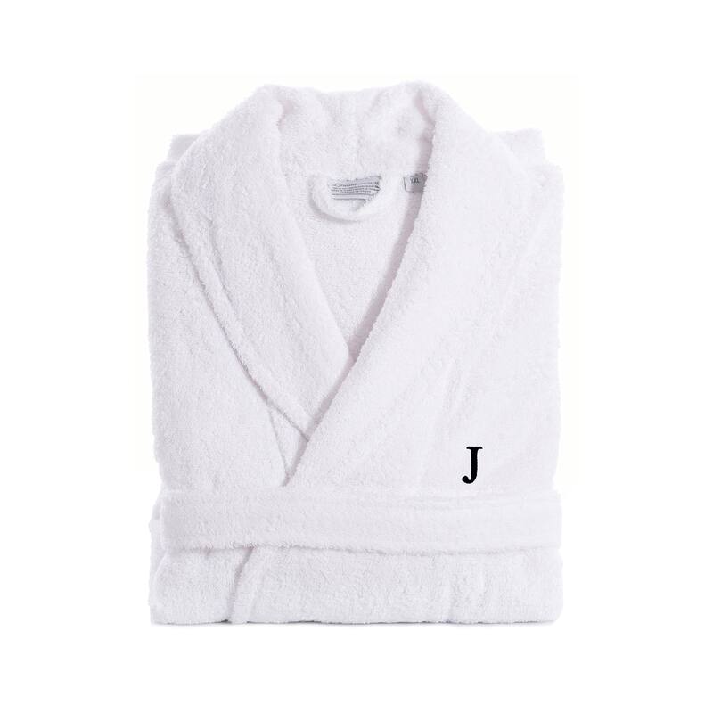Authentic Hotel and Spa White With Black Monogram Turkish Cotton Unisex Terry Bath Robe - L/XL - J