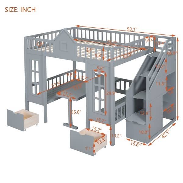 dimension image slide 1 of 3, Stairway Bunk Bed w/Changeable Table, Turn into Upper Bed & Down Desk