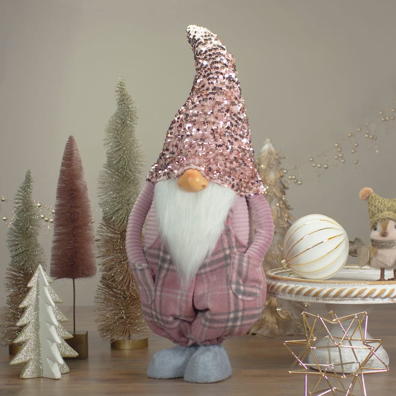 24" Pink and Gray Plaid Christmas Gnome with a Rose Gold Hat
