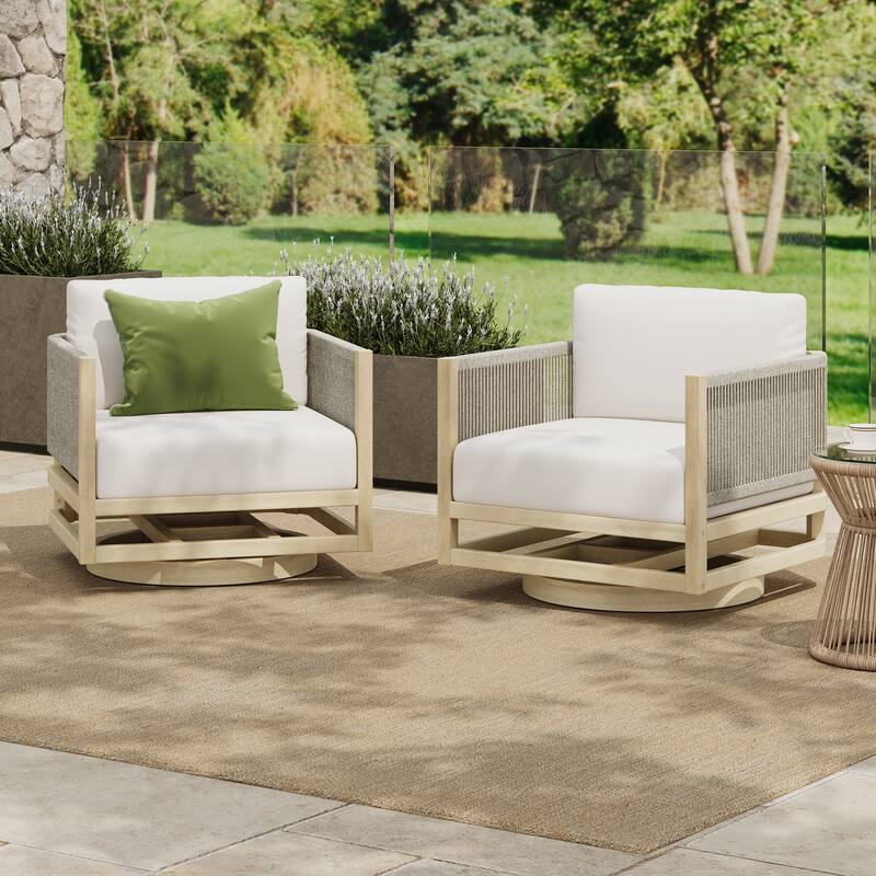 Christopher Knight Home - Coastal Outdoor Acacia Wood Swivel Club Chair with Thick Cushion - Light Teak - Set of 2