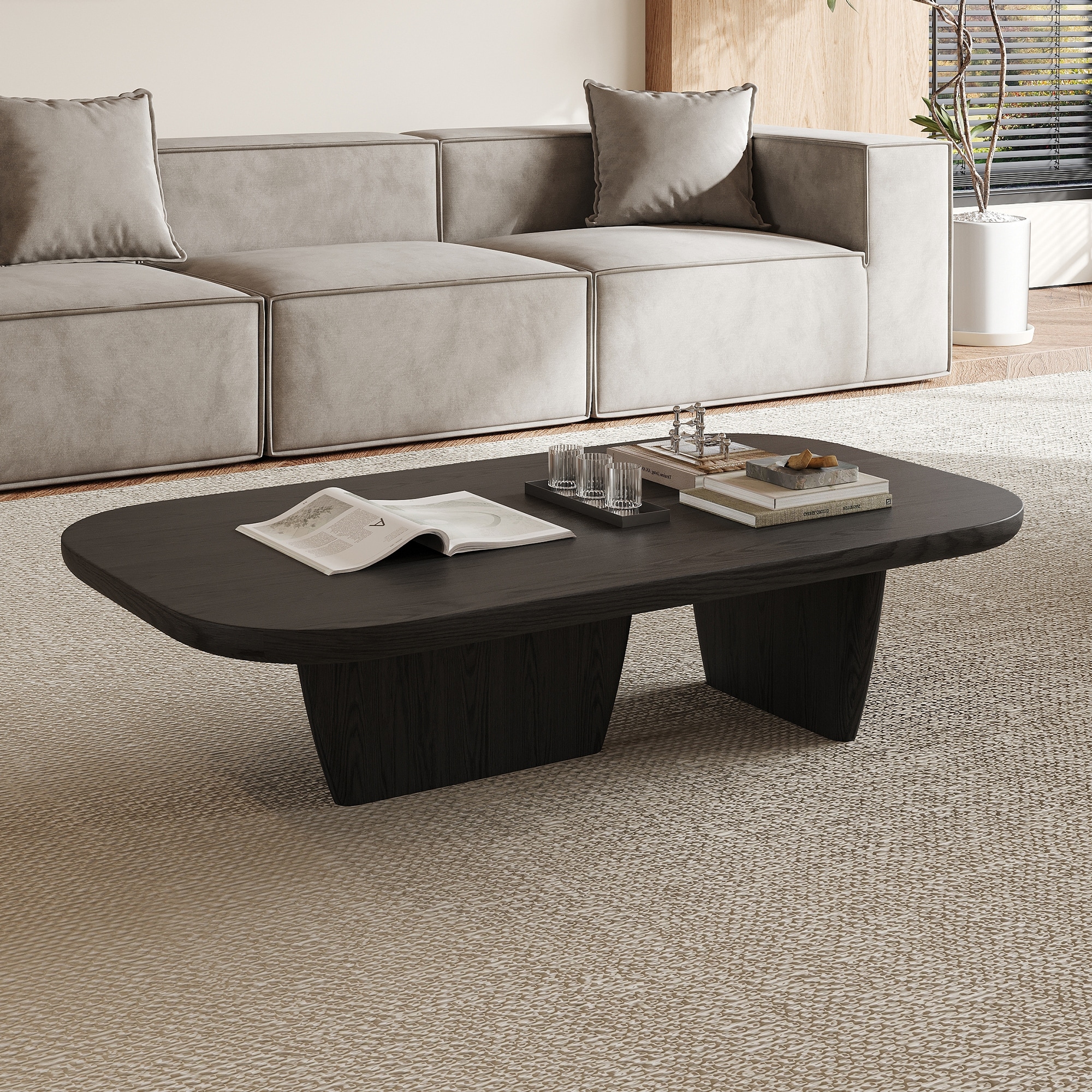 51" Modern Coffee Table with Two Legs,Solid Wood Veneer, Retangular Coffee Table for Living Room