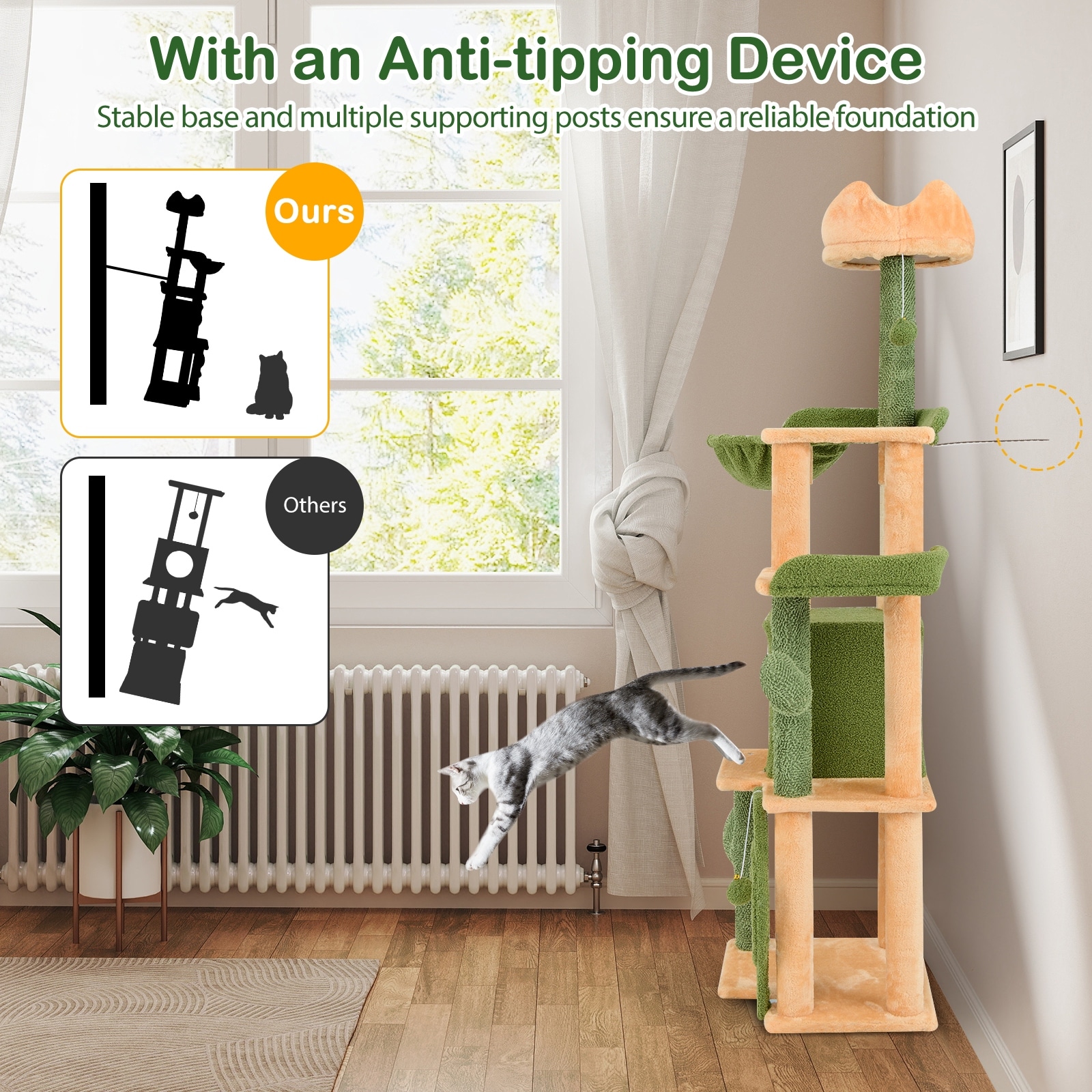 63 Inch Cactus Cat Tree with Sisal Scratching Posts and