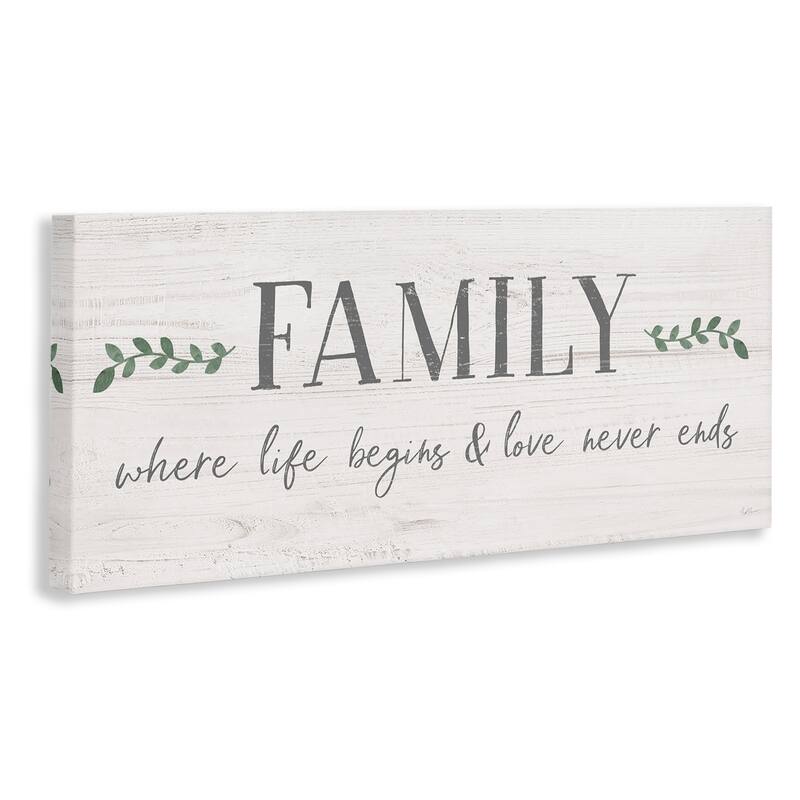 Stupell Family Life Begins Love Never Ends Motivational Phrase Canvas Wall Art - Grey