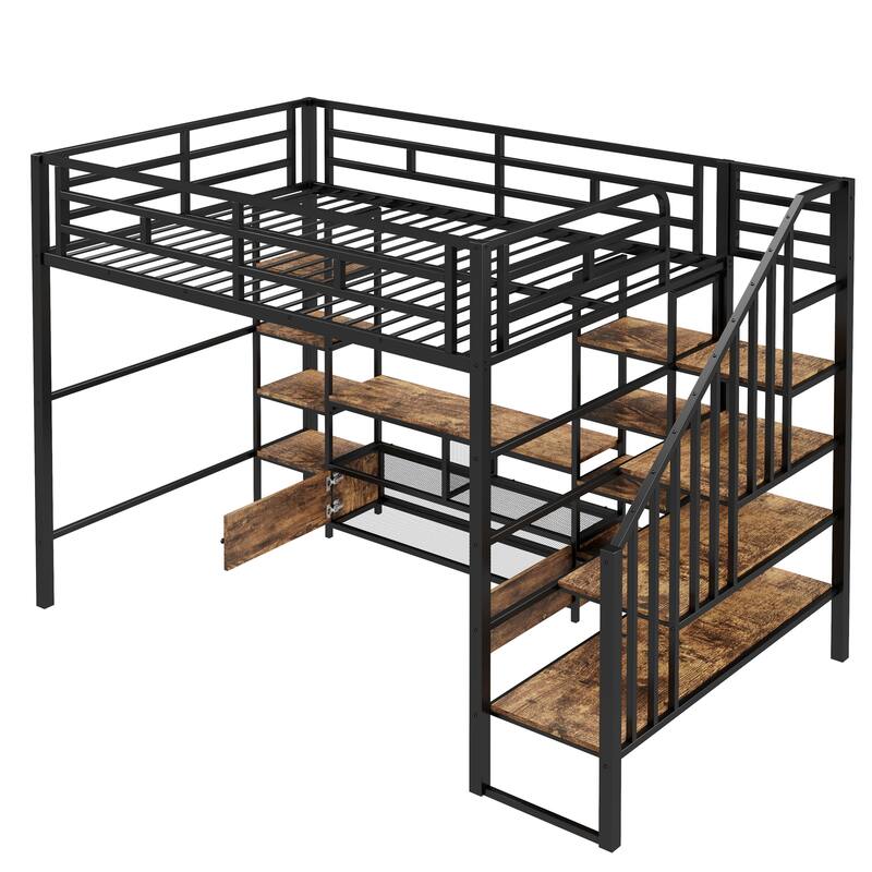 Full Size Metal Loft Bed with Staircase, Storage Table, and Shelves, Black