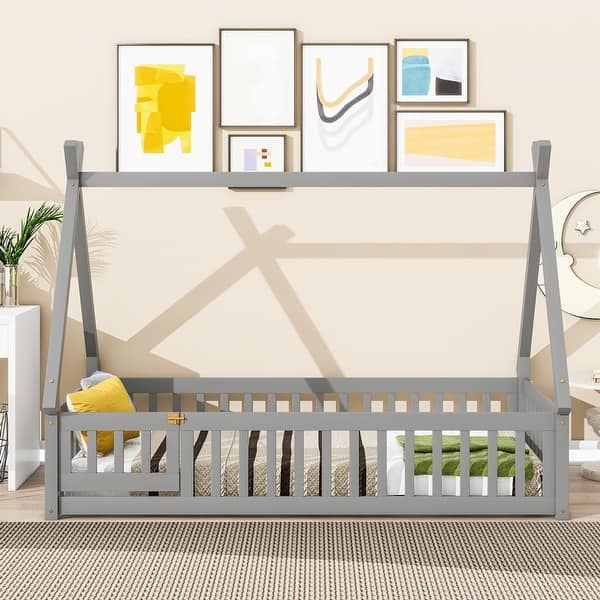 slide 2 of 51, Twin/Full Size Tent-Shaped Floor Bed with Fence & Door, Wooden Montessori Floor Bedframe with Slats Support for Kids Girls Boys Grey - Twin