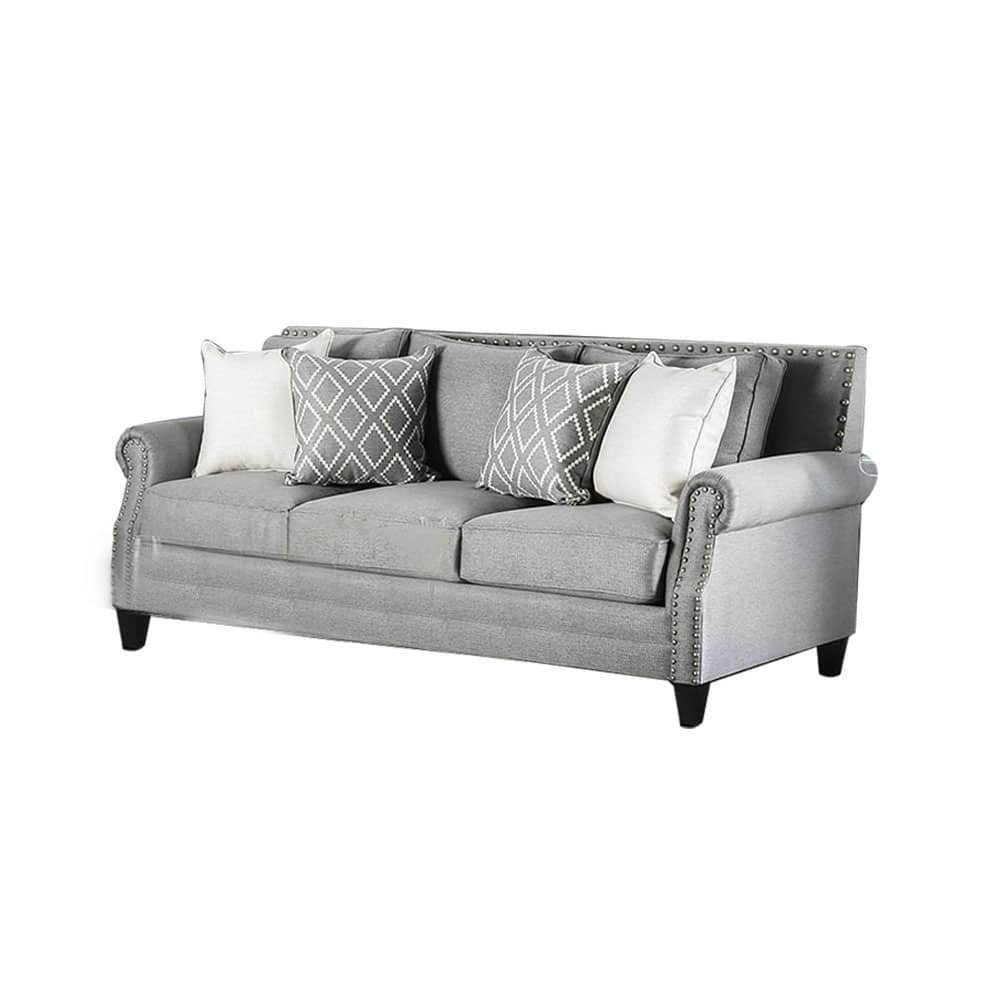 Linen-like Fabric Sofa with Nailhead Trim Design in Gray