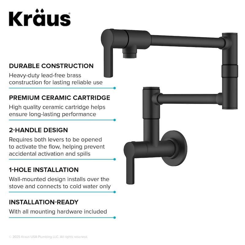 KRAUS Oletto Wall Mount Pot Filler Kitchen Faucet with Retractable Arm