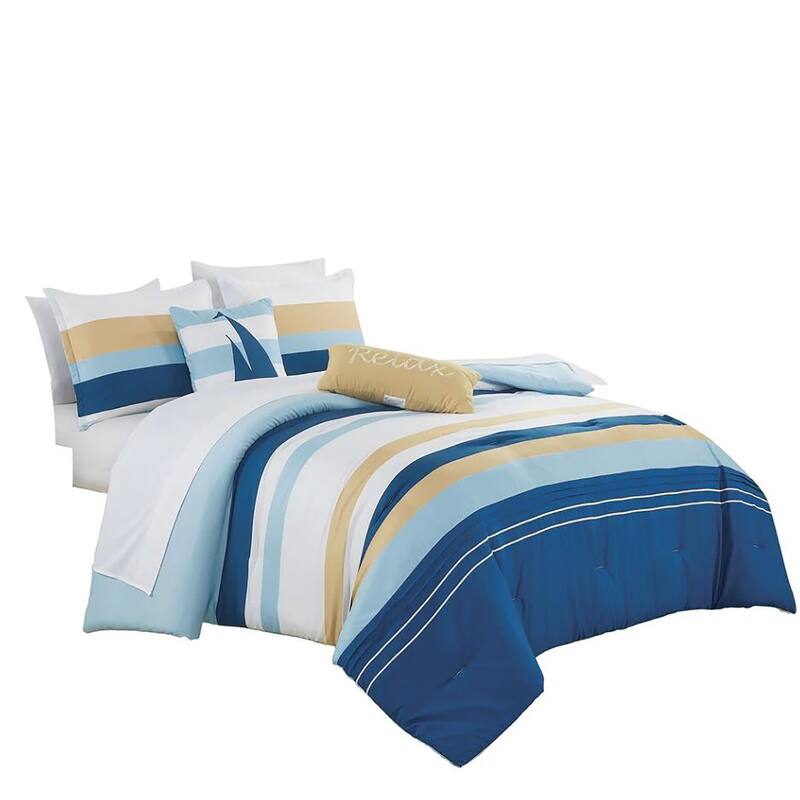 9 Piece Comforter Set Blue White Beige Striped Sea Life Marine Modern Embroidery Soft Bedding