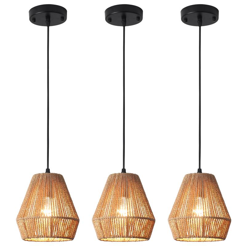3-Light Metal Hanging Pendant Light Chandelier with Paper Rattan Shade for Kitchen Island - Black
