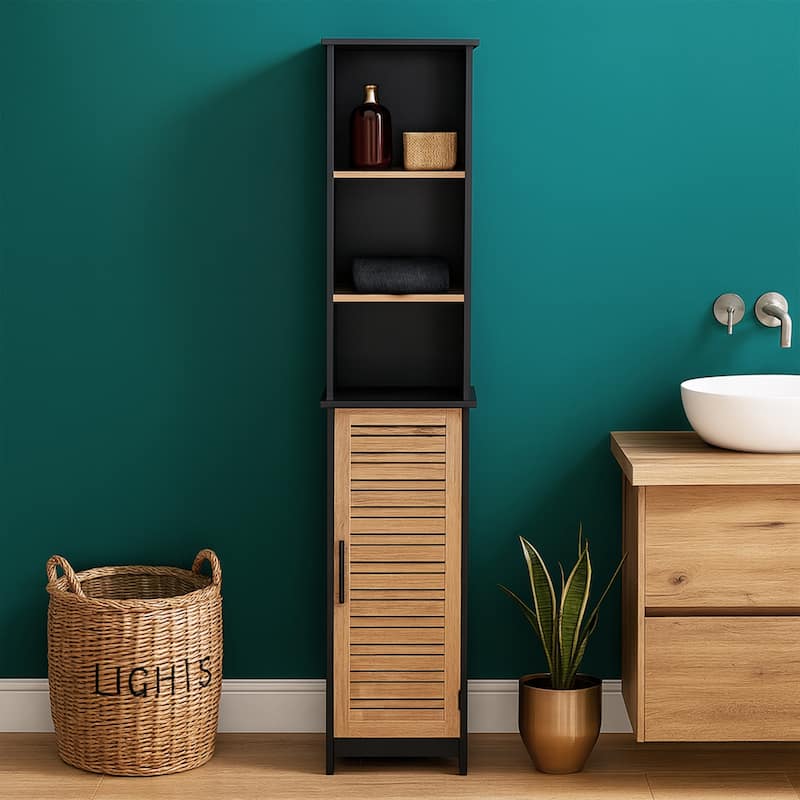 Tall Bathroom Storage Cabinet with Open Shelves and Vented Door, Black and Brown - Bergen Collection - 12 7/8"L x 10.4"W x 68"H