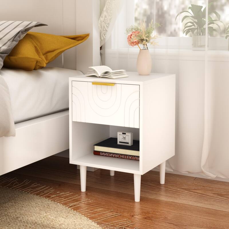Wooden Side Table with Woven Cabinet Doors and Brass Handles - White