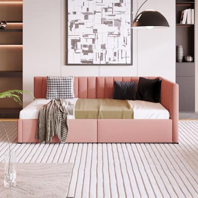 Upholstered Daybed with 2 Storage Drawers Twin Size Sofa Bed Frame No Box Spring Needed, Linen Fabric, Pink