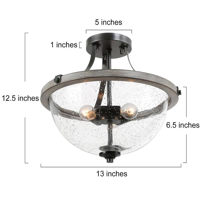 Modern Farmhouse 3-Light Glass Semi Flush Mount Ceiling Light - W 13" x H 12.5"