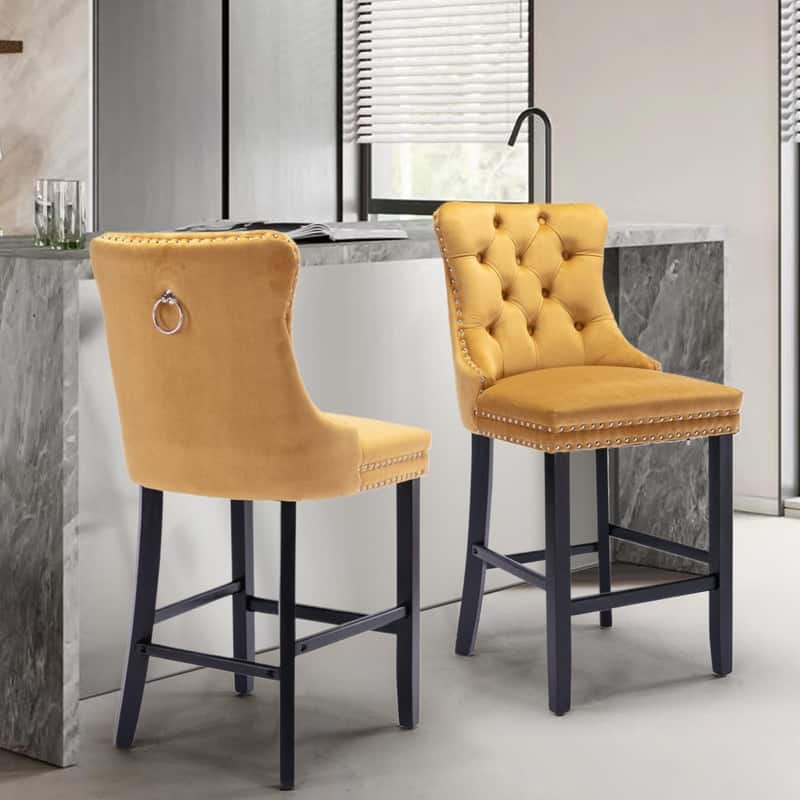 Wing Back Velvet Tufted Nailhead Barstools(Set of 2) - Gold Velvet